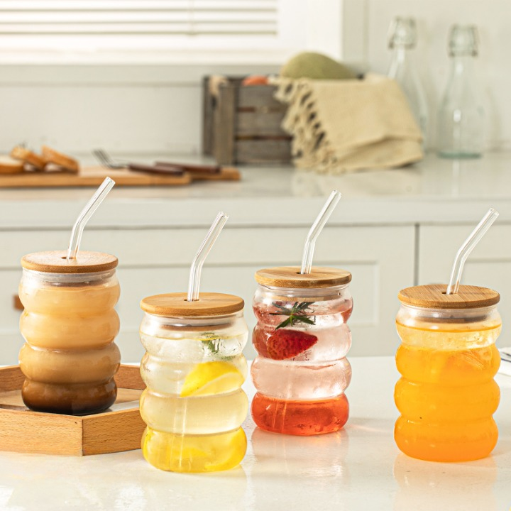 Wavey Glass Cup with Wooden Lid and Straw