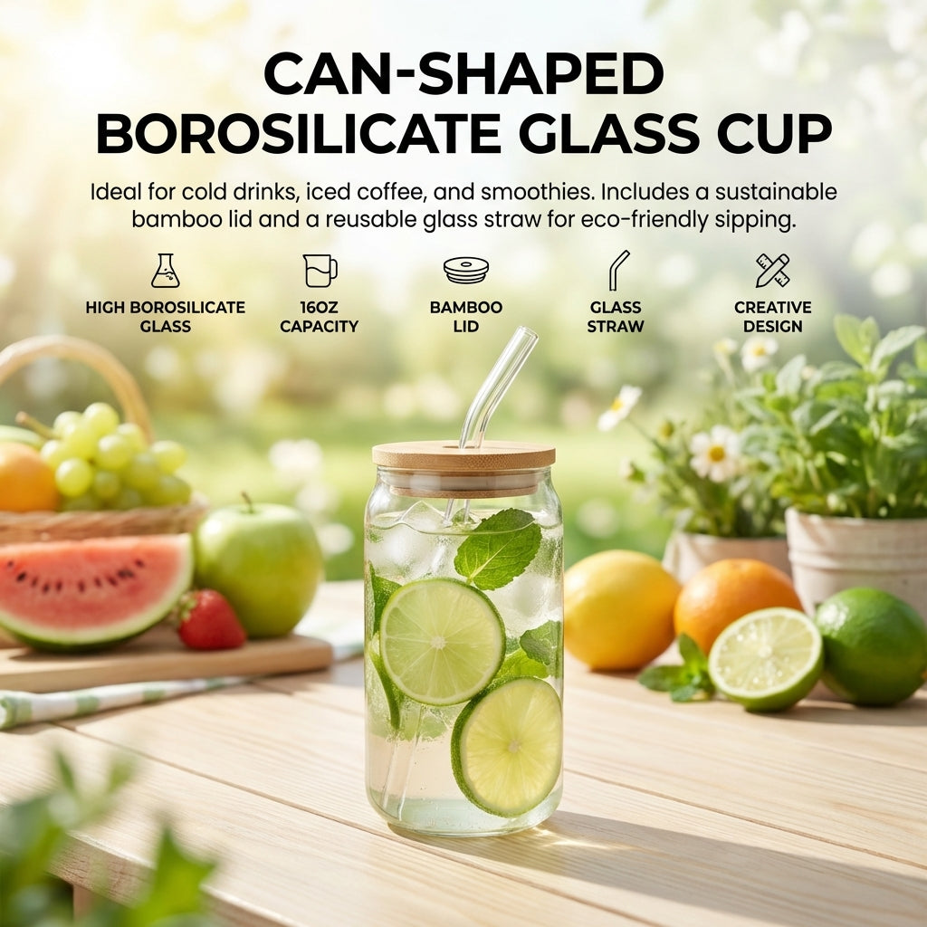 Glass Cup with Wooden Lid and Straw