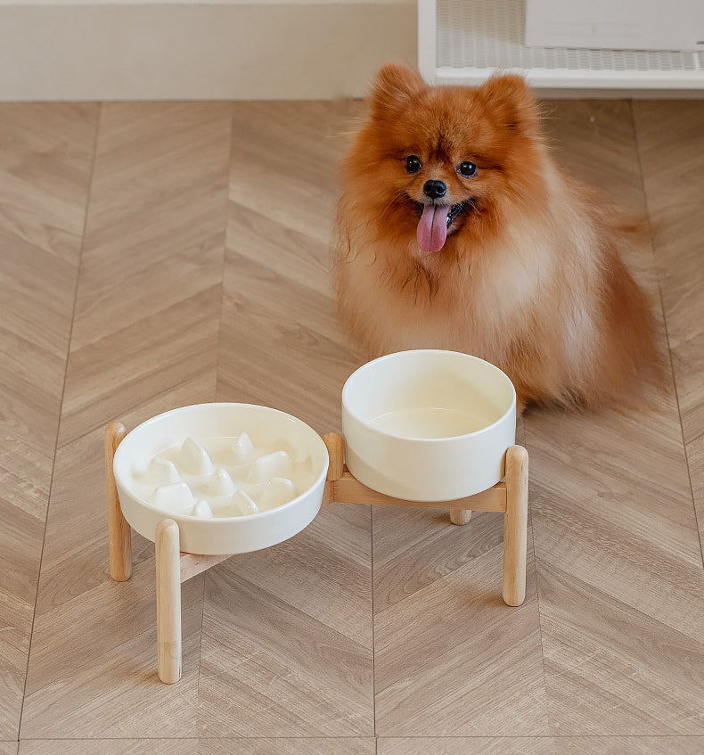 Ceramic Slow Feeder & Water Bowls with Wooden Stand
