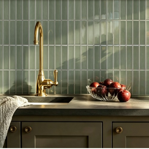 A kitchen backsplash made of glossy, narrow rectangular tiles in a muted sage green color, installed behind a dark countertop with a gold faucet, a bowl of red apples, and a wooden shelf with decorative bottles.