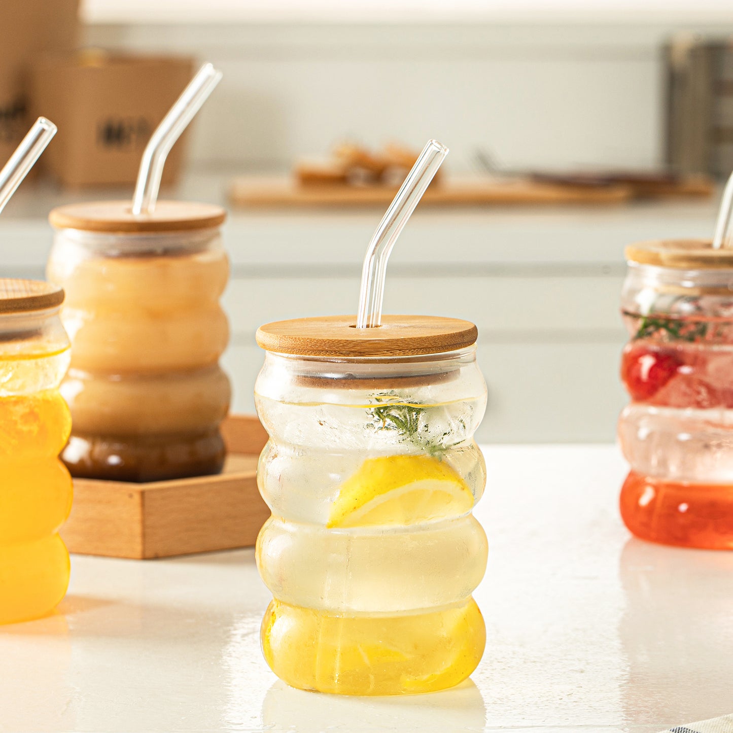 Wavey Glass Cup with Wooden Lid and Straw