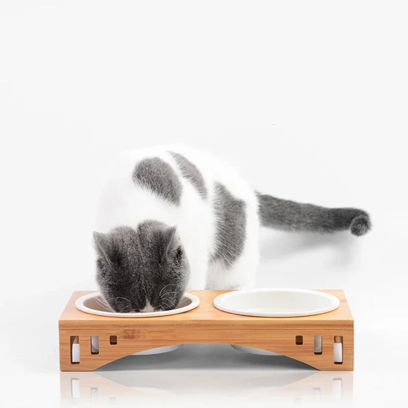 Wooden Food Holder + Ceramic Detachable Bowls