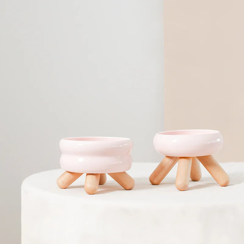 Artistic Form Ceramic Bowls with Wooden Stands