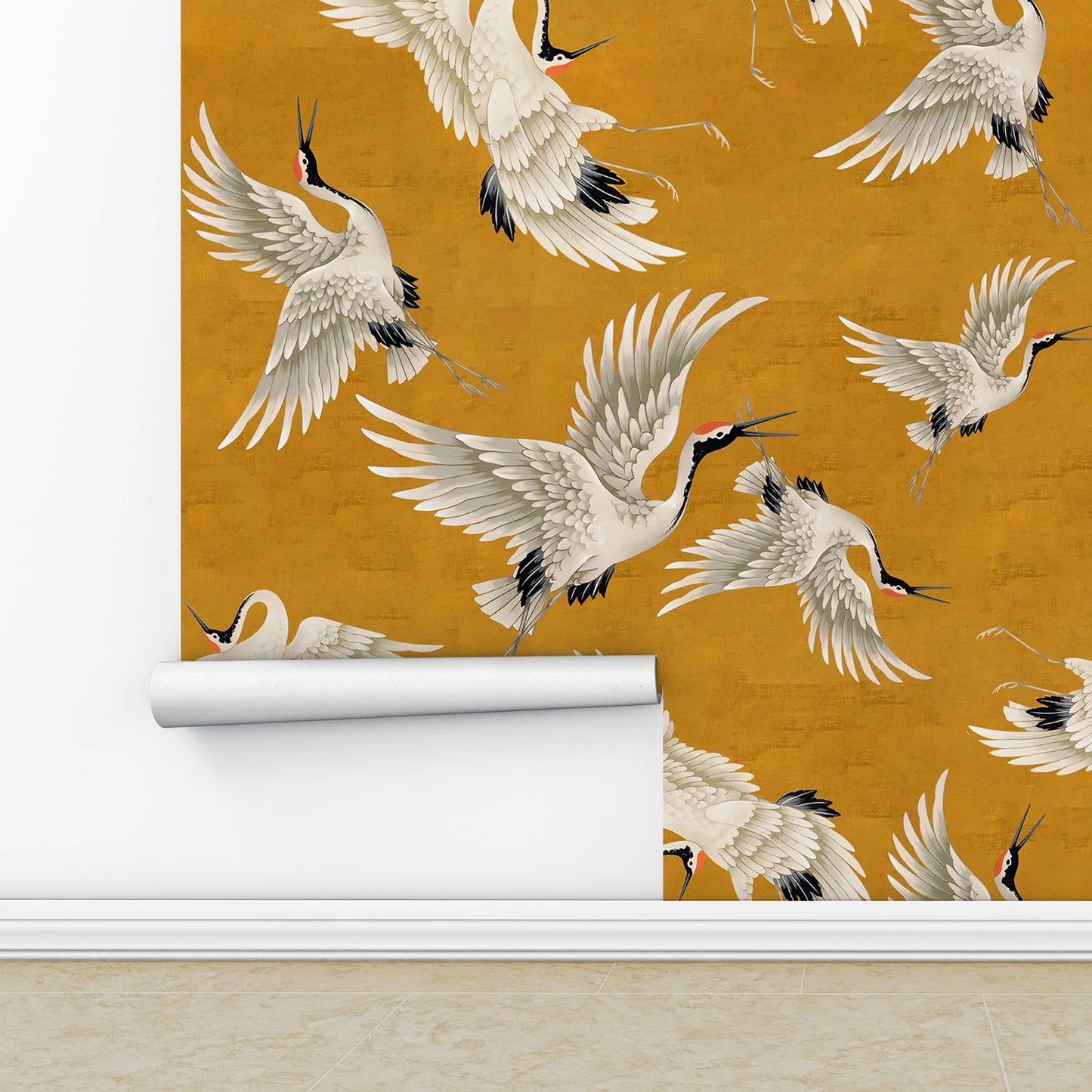 Orange Crane Bird Chinoiserie Peel and Stick Wallpaper