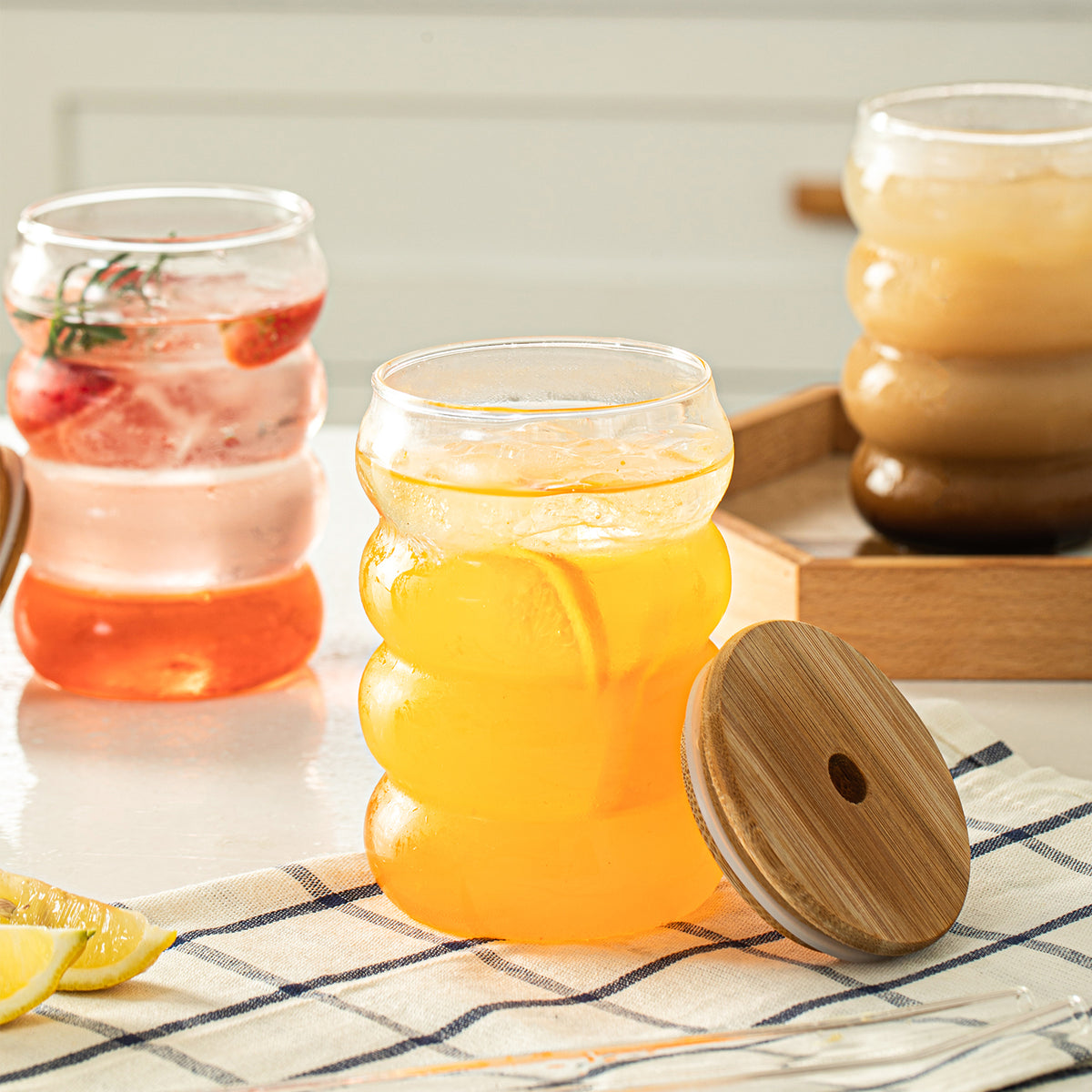 Wavey Glass Cup with Wooden Lid and Straw