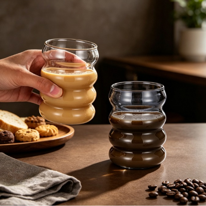 Wavey Glass Cup with Glass Straw