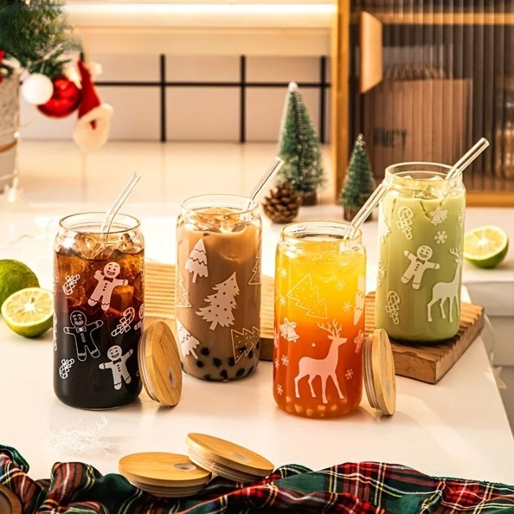 Christmas Glass Cup with Wooden Lid and Straw