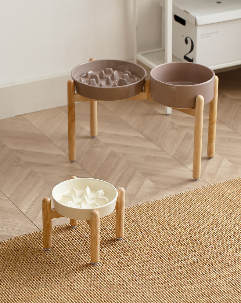 Ceramic Slow Feeder & Water Bowls with Wooden Stand
