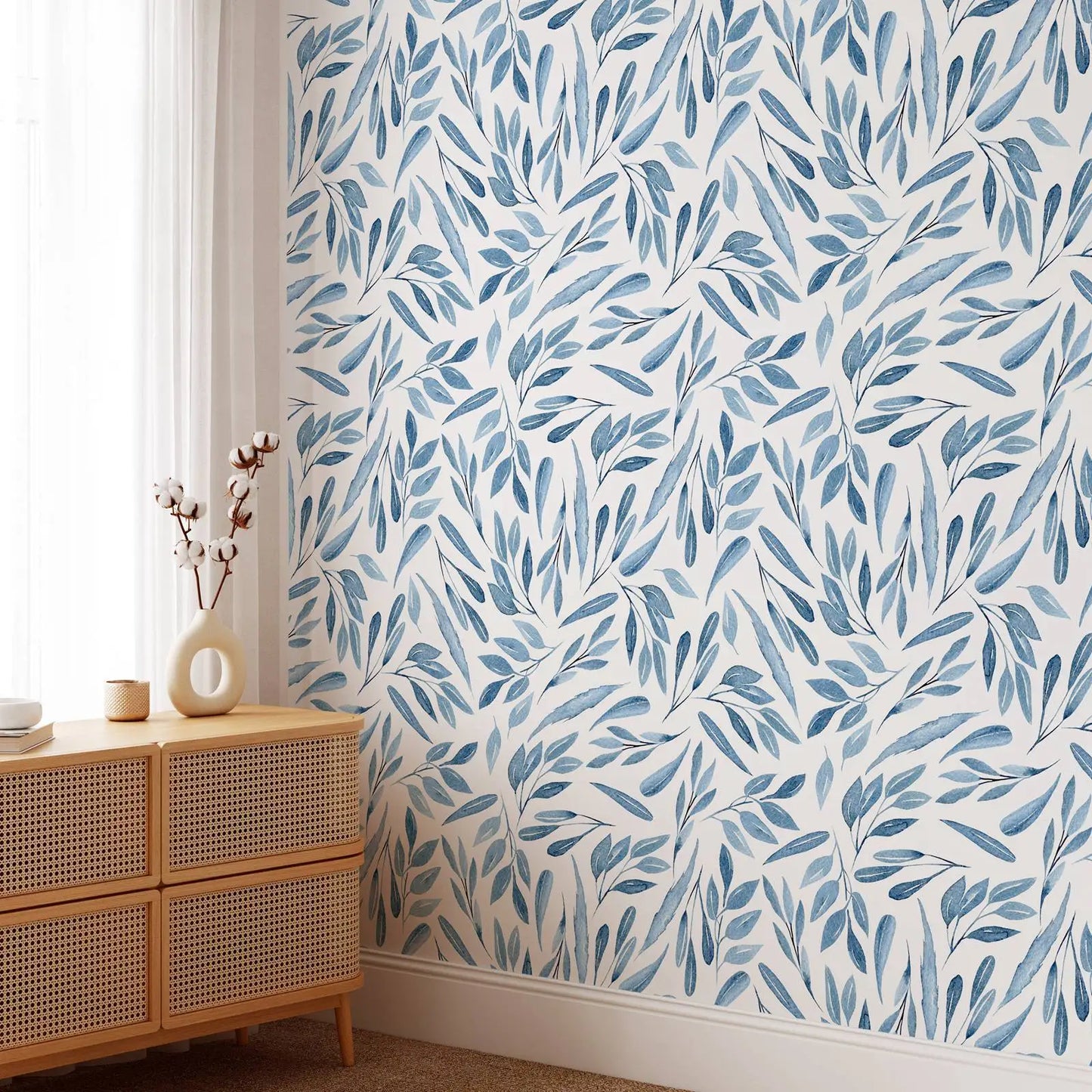 Blue Watercolor Leaves Peel and Stick Wallpaper