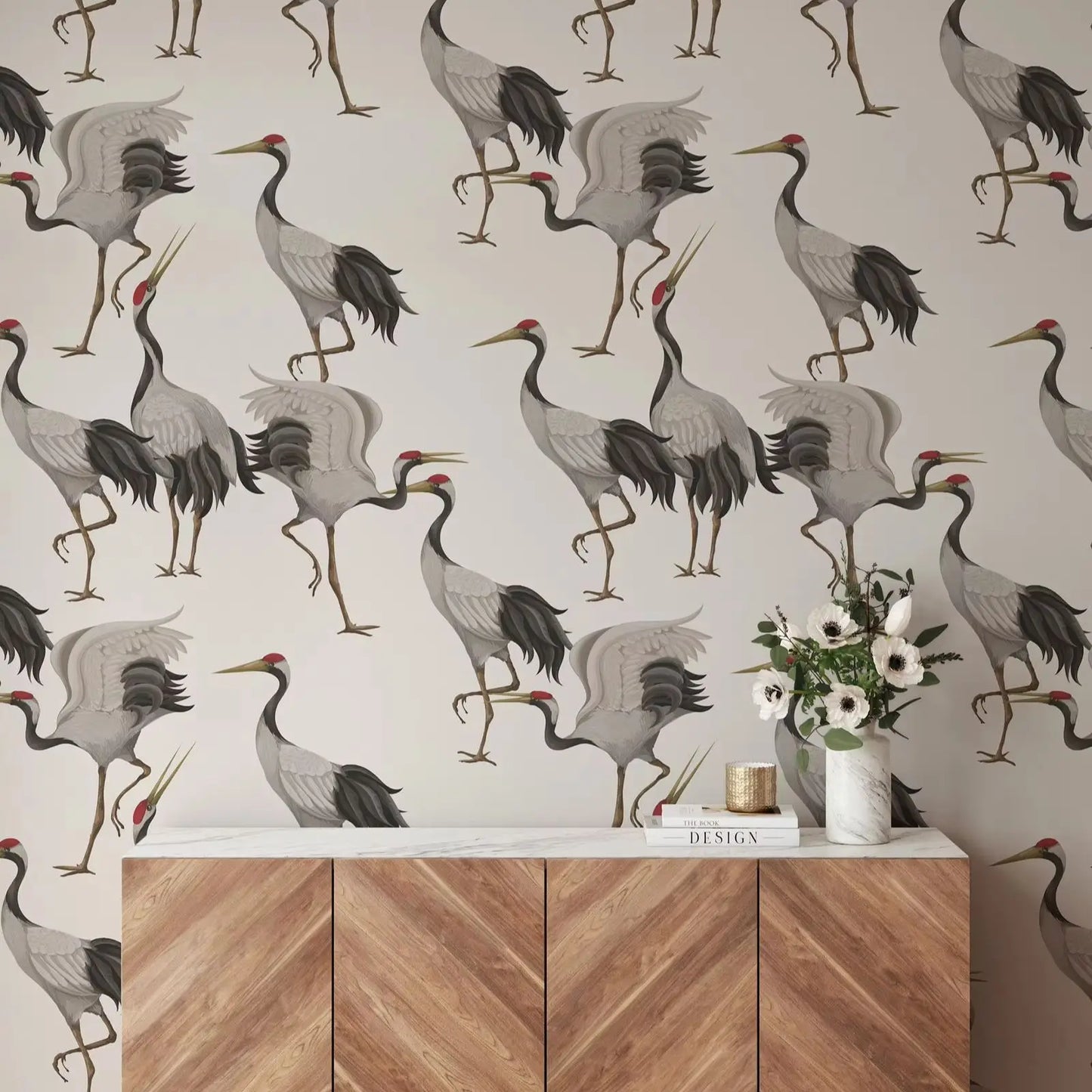 White Herons Bird Chinoiserie Peel and Stick Wallpaper