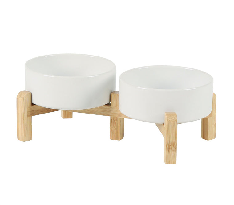Classic Ceramic Bowls with Wooden Stands