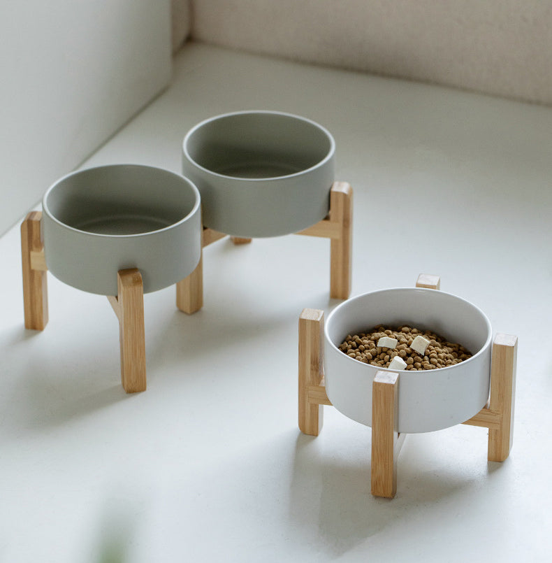 Classic Ceramic Bowls with Wooden Stands