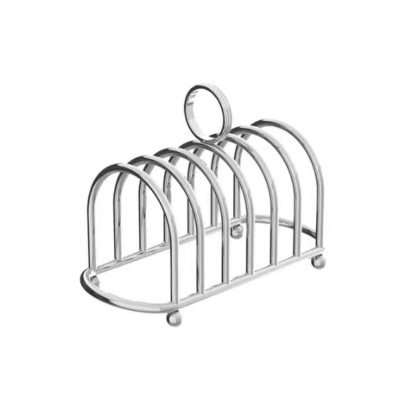 A polished silver metal bread toasting rack with five vertical slots and a circular hanging loop at the top, shown on a plain white background.