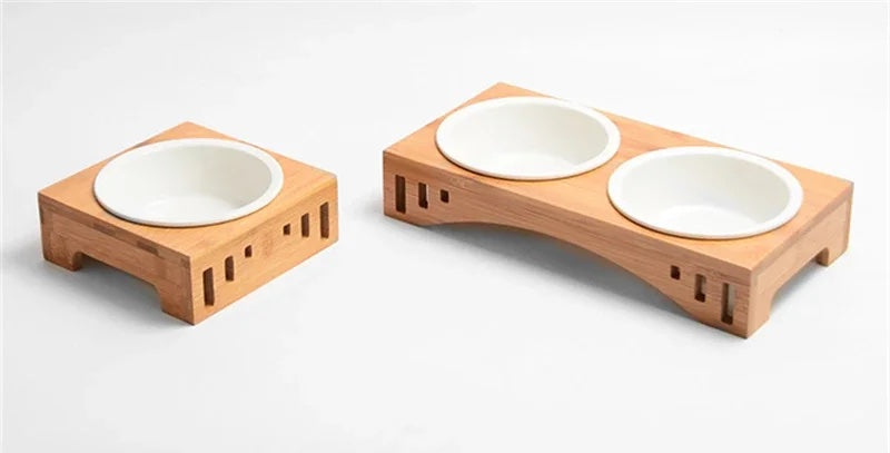 Wooden Food Holder + Ceramic Detachable Bowls