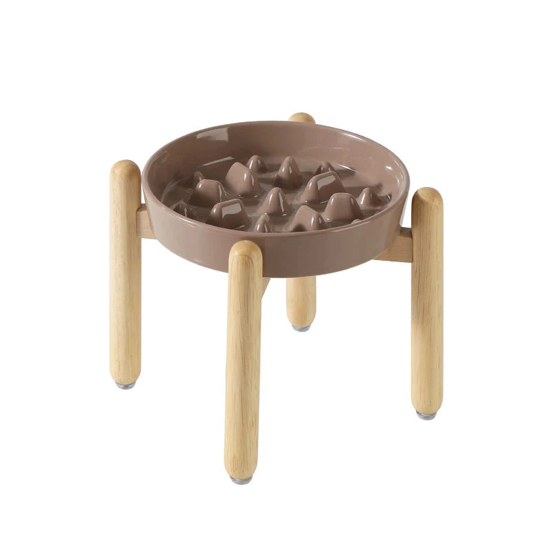 Ceramic Slow Feeder & Water Bowls with Wooden Stand
