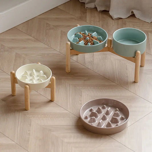 Ceramic Slow Feeder & Water Bowls with Wooden Stand