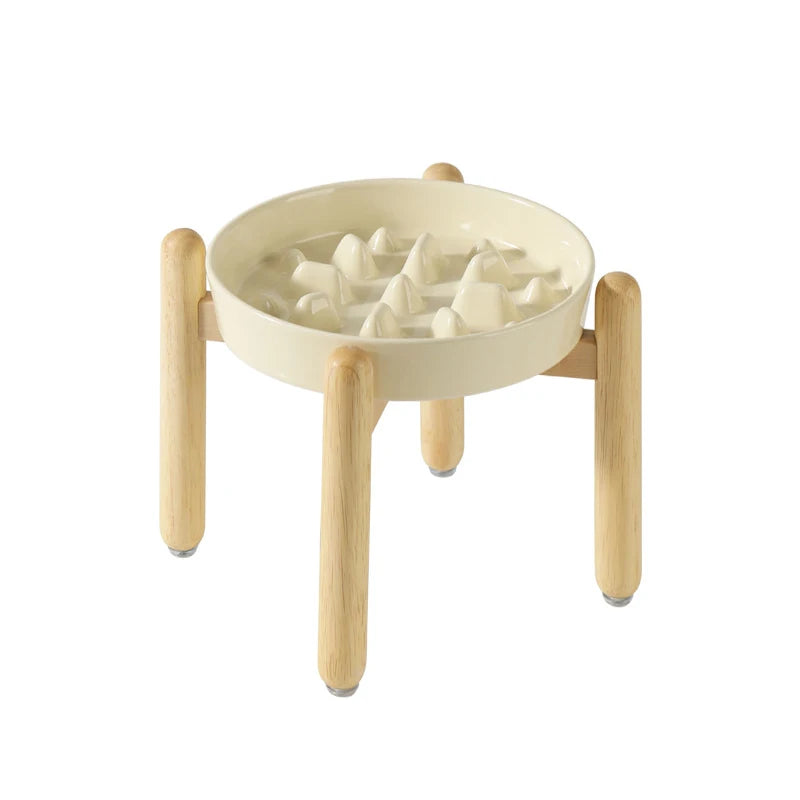 Ceramic Slow Feeder & Water Bowls with Wooden Stand
