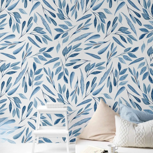 Blue Watercolor Leaves Peel and Stick Wallpaper