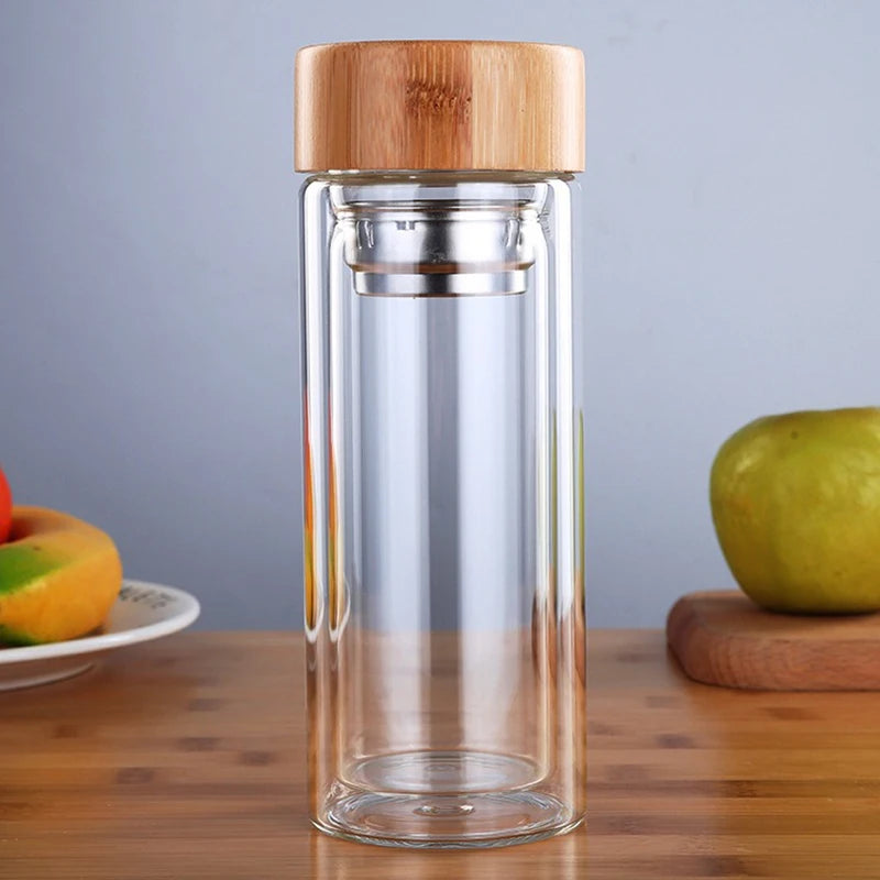 Glass Tea Bottle with Wooden Lid and Metal Filter