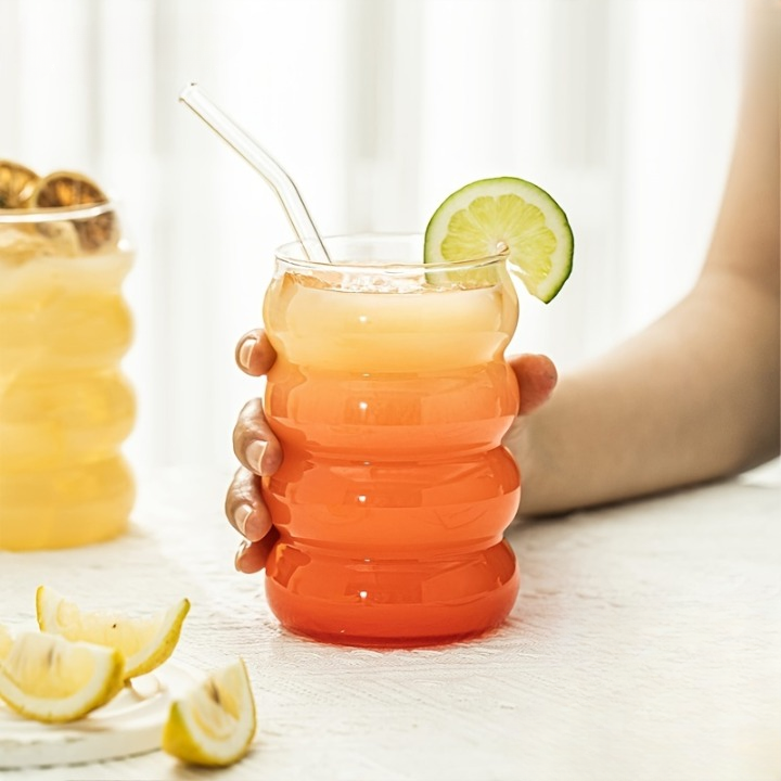 Wavey Glass Cup with Glass Straw