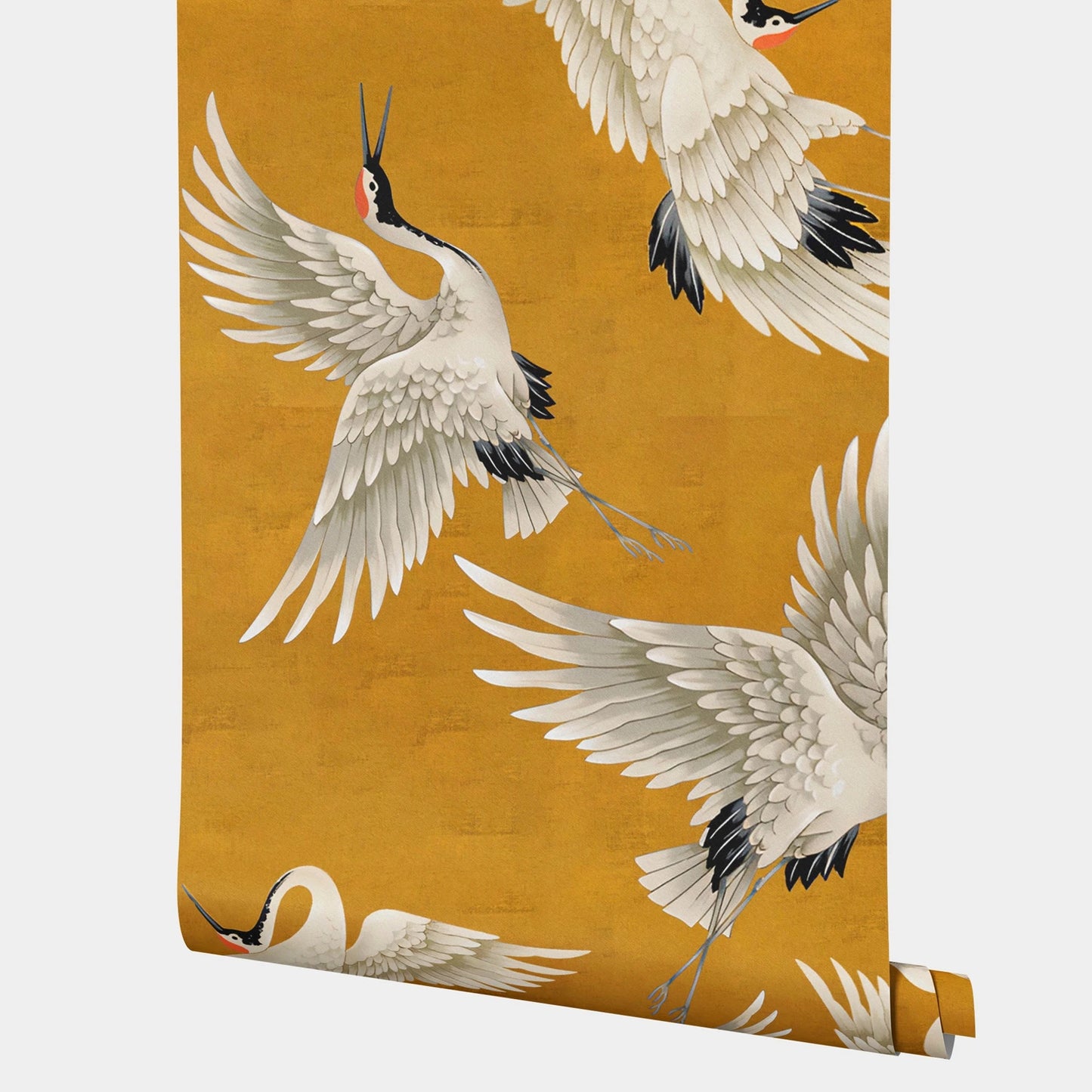 Orange Crane Bird Chinoiserie Peel and Stick Wallpaper