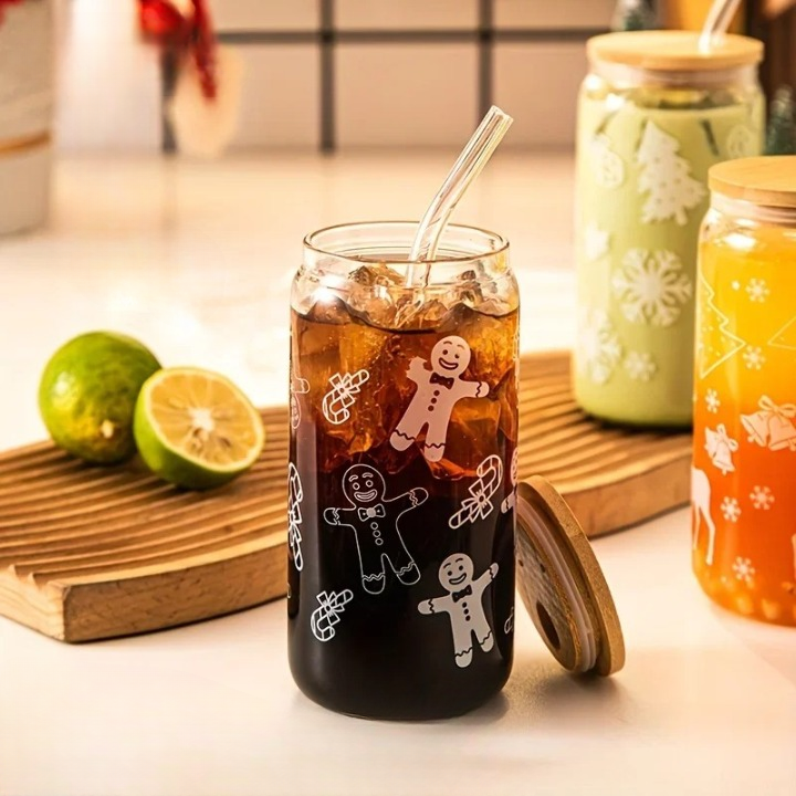 Christmas Glass Cup with Wooden Lid and Straw