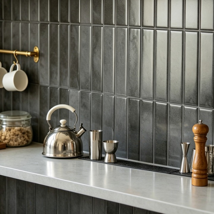 A modern kitchen scene featuring a dark charcoal gray subway tile backsplash, a light gray stone countertop, and stainless steel kitchen accessories including a kettle, jigger, and cup holders.