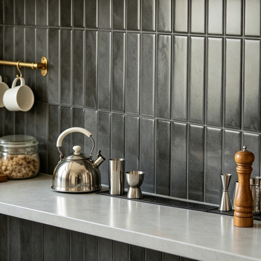 A modern kitchen scene featuring a dark charcoal gray subway tile backsplash, a light gray stone countertop, and stainless steel kitchen accessories including a kettle, jigger, and cup holders.