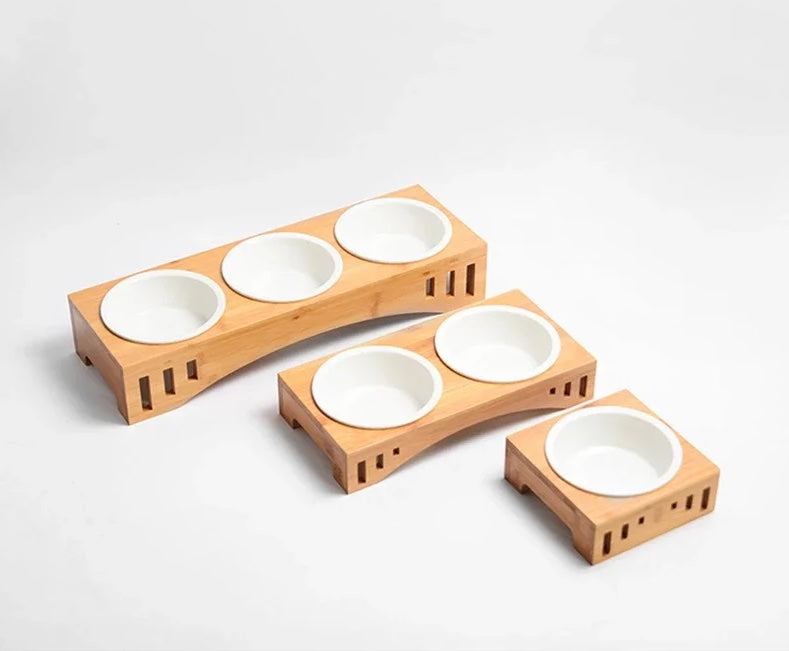 Wooden Food Holder + Ceramic Detachable Bowls
