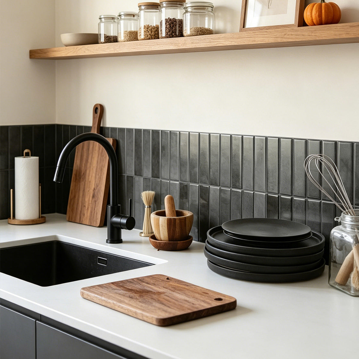 A styled kitchen countertop with a matte black sink, matte black faucet, black plates, wooden cutting boards, and a dark gray subway tile backsplash.