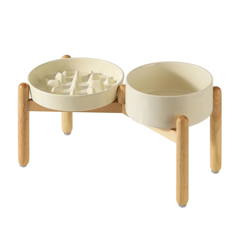 Ceramic Slow Feeder & Water Bowls with Wooden Stand