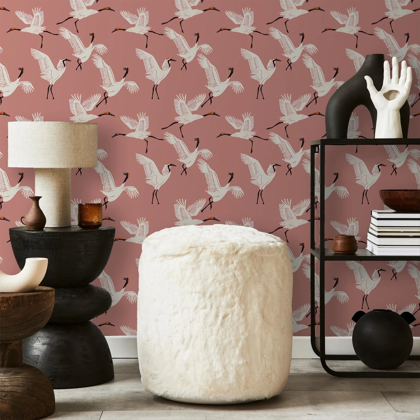 Pink Crane Bird Chinoiserie Peel and Stick Wallpaper