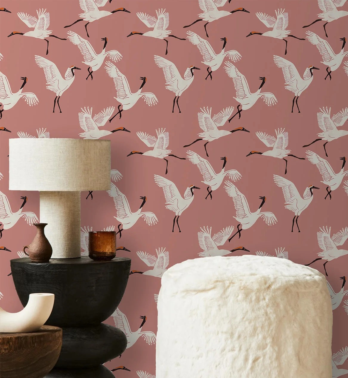 Pink Crane Bird Chinoiserie Peel and Stick Wallpaper