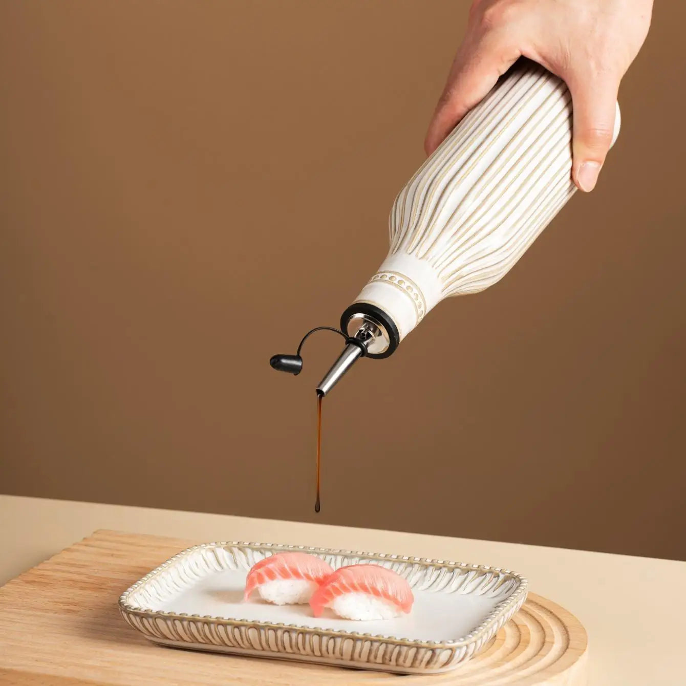 Beige Stripes Ceramic Oil Bottle