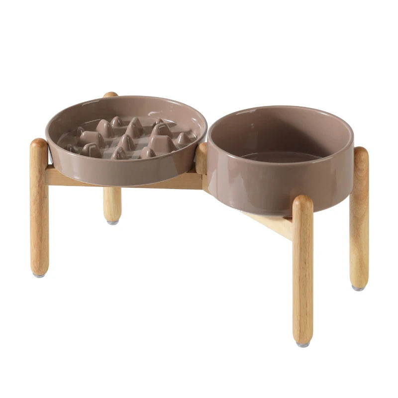 Ceramic Slow Feeder & Water Bowls with Wooden Stand