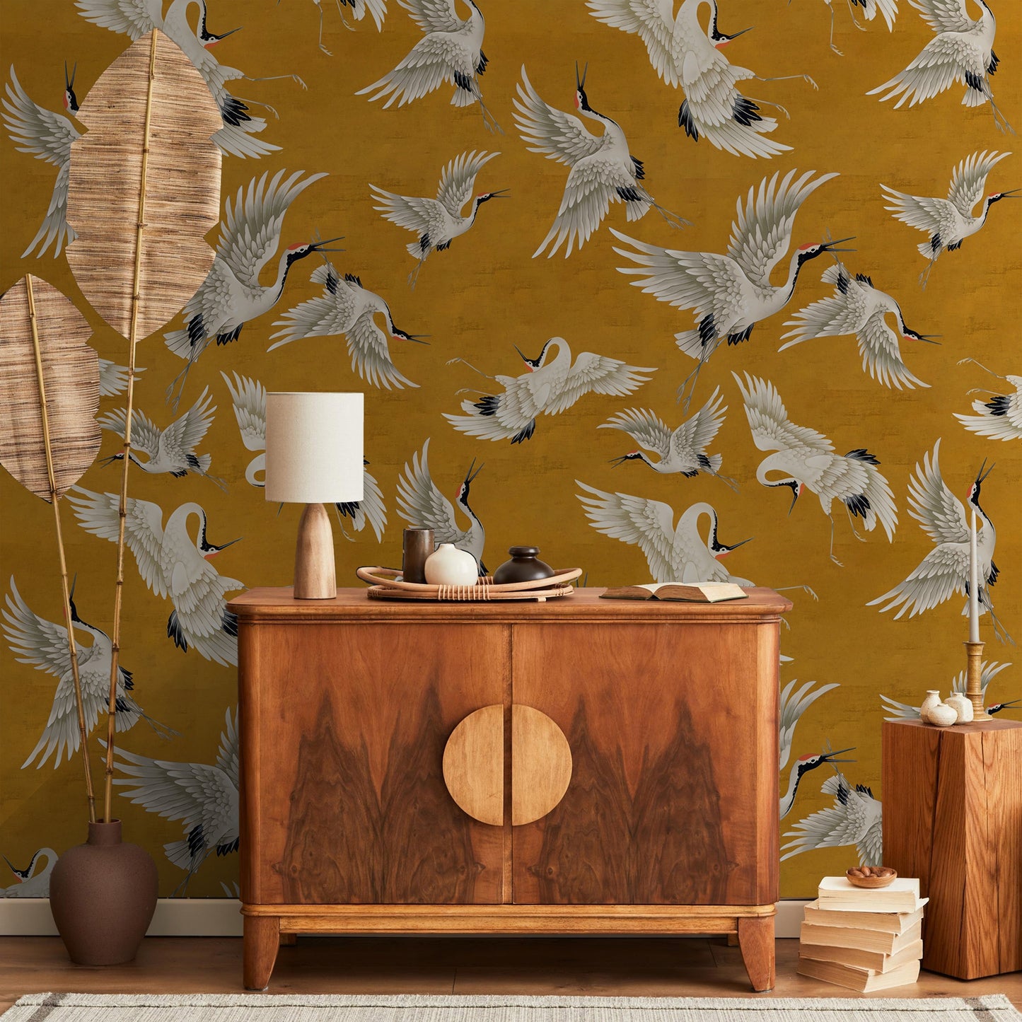 Orange Crane Bird Chinoiserie Peel and Stick Wallpaper