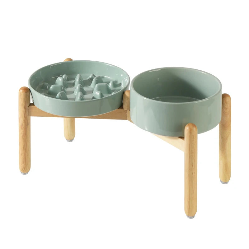 Ceramic Slow Feeder & Water Bowls with Wooden Stand