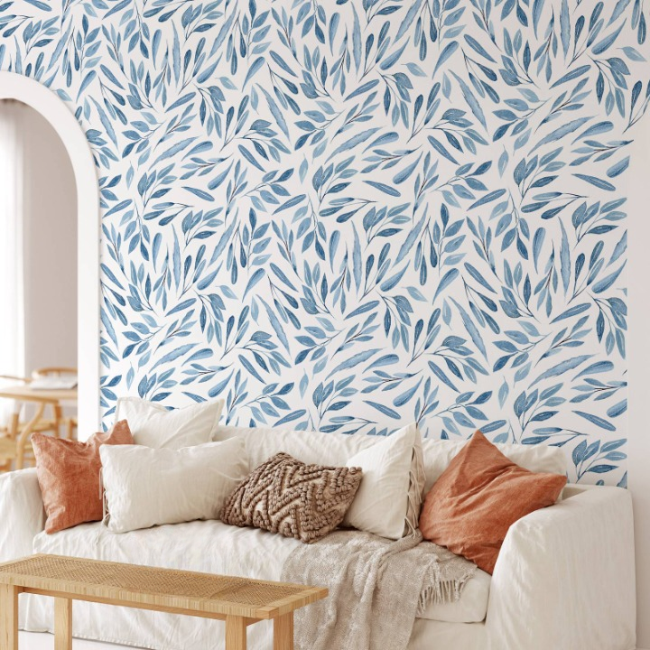 Blue Watercolor Leaves Peel and Stick Wallpaper