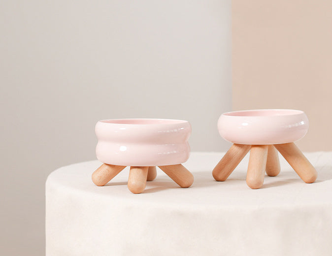 Artistic Form Ceramic Bowls with Wooden Stands