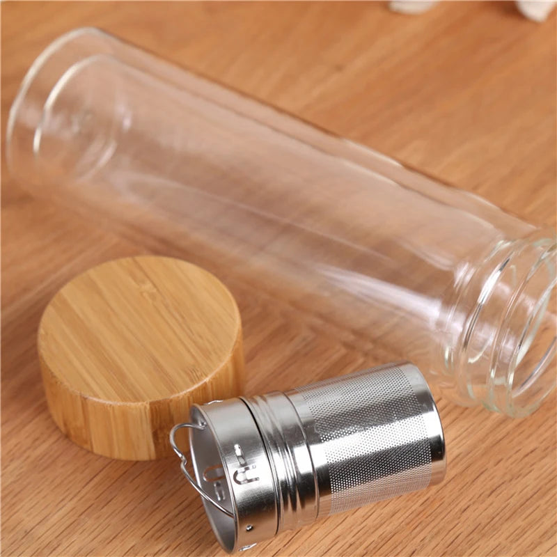 Glass Tea Bottle with Wooden Lid and Metal Filter