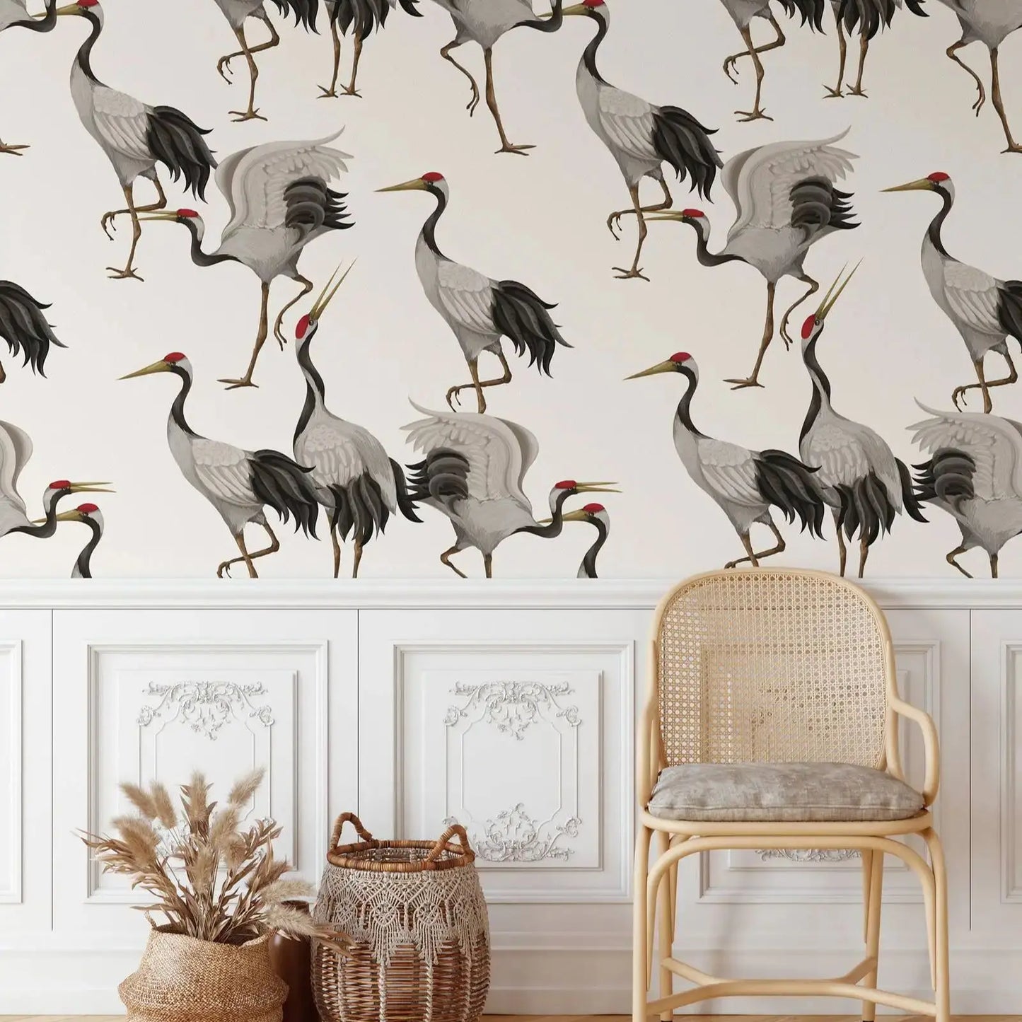White Herons Bird Chinoiserie Peel and Stick Wallpaper