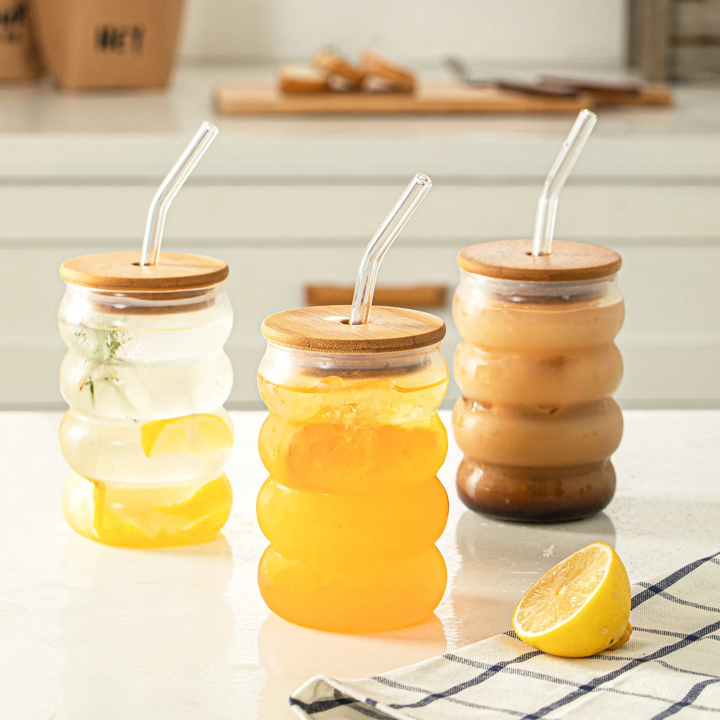Wavey Glass Cup with Wooden Lid and Straw