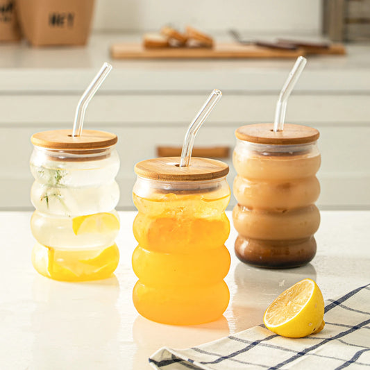 Wavey Glass Cup with Wooden Lid and Straw