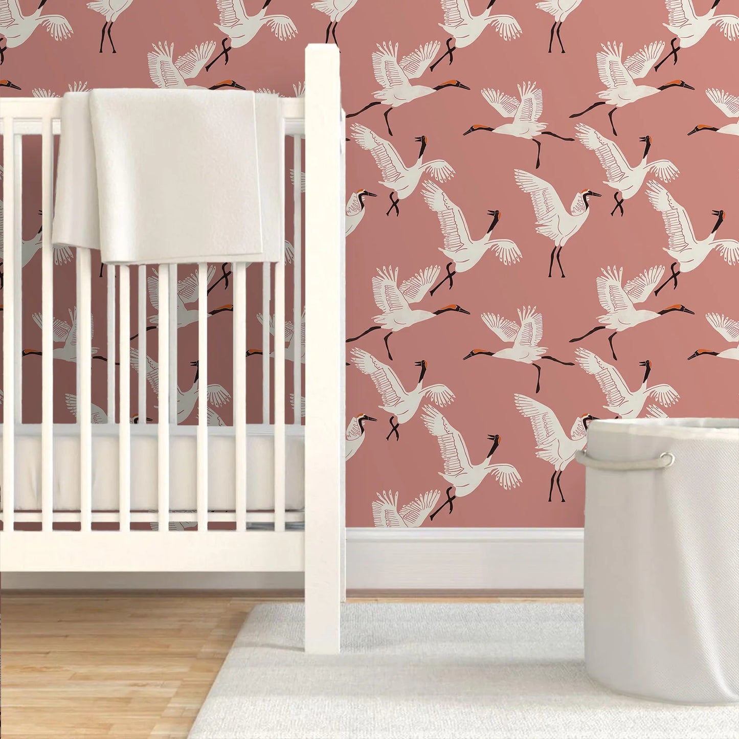 Pink Crane Bird Chinoiserie Peel and Stick Wallpaper