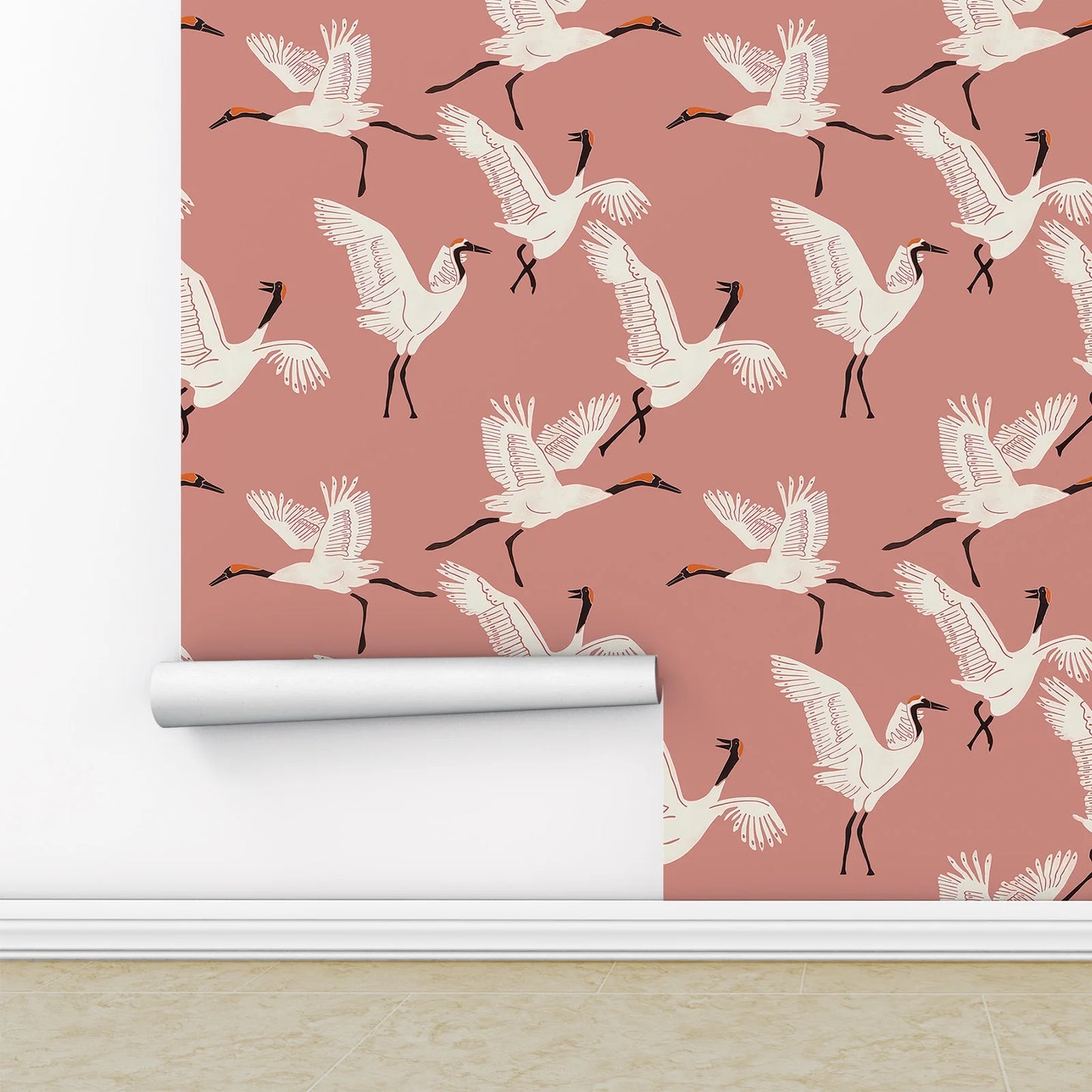 Pink Crane Bird Chinoiserie Peel and Stick Wallpaper