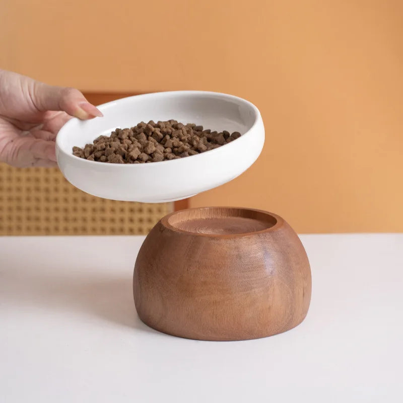 Ceramic Bowl with Detachable Solid Wood Stand