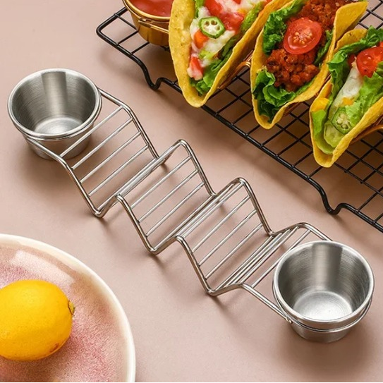 Metal Taco Stand with Two Sauce Cups