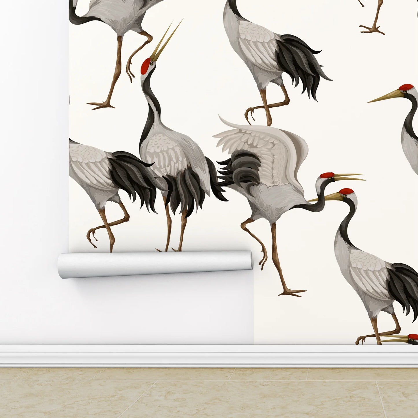 White Herons Bird Chinoiserie Peel and Stick Wallpaper