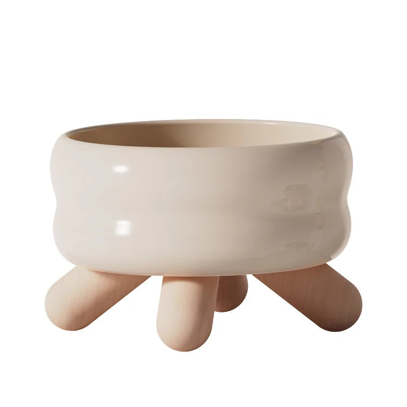 Artistic Form Ceramic Bowls with Wooden Stands