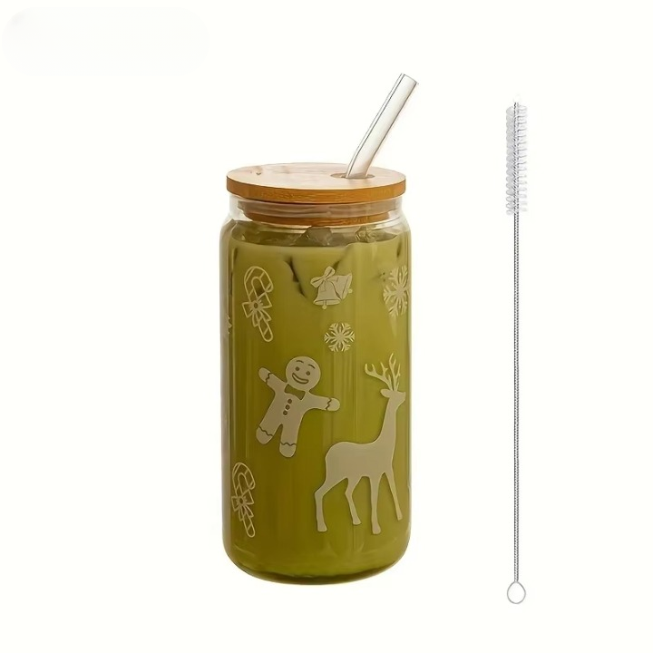 Christmas Glass Cup with Wooden Lid and Straw